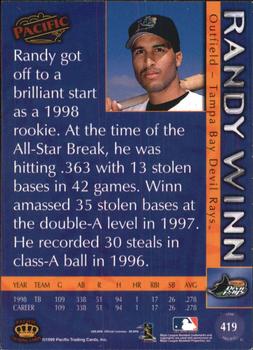 1999 Pacific - Platinum Blue #419 Randy Winn  Back