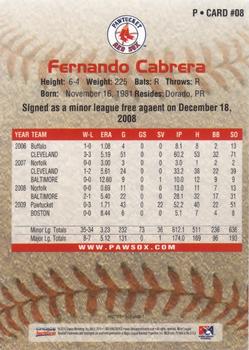 2010 Choice Pawtucket Red Sox #08 Fernando Cabrera Back