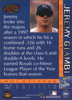 1999 Pacific - Red #204 Jeremy Giambi  Back