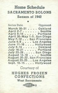 1940 Hughes Frozen Confections Sacramento Solons #NNO Robert Blattner Back