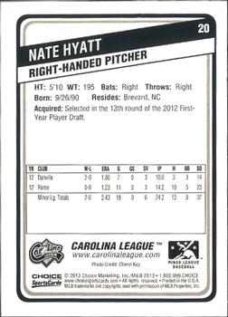 2013 Choice Carolina League Top Prospects #20 Nate Hyatt Back