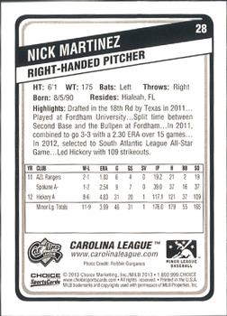2013 Choice Carolina League Top Prospects #28 Nick Martinez Back