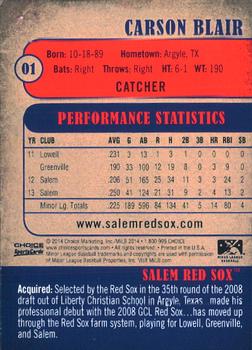 2014 Choice Salem Red Sox #1 Carson Blair Back