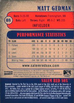 2014 Choice Salem Red Sox #8 Matt Gedman Back