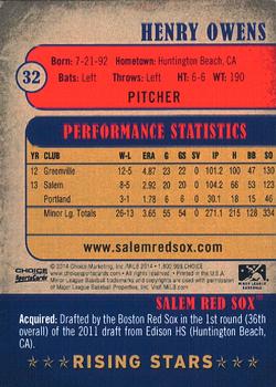 2014 Choice Salem Red Sox #32 Henry Owens Back