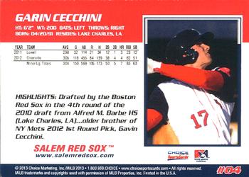 2013 Choice Salem Red Sox #4 Garin Cecchini Back