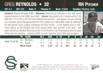 2008 MultiAd Colorado Springs Sky Sox #19 Greg Reynolds Back