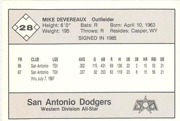 1987 Feder Texas League All Stars #28 Mike Devereaux Back