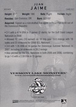 2009 Choice Vermont Lake Monsters #21 Juan Jaime Back