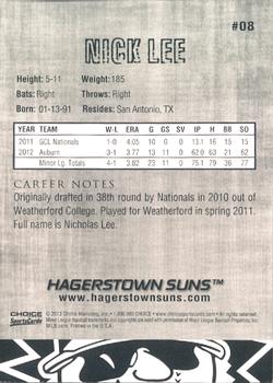 2013 Choice Hagerstown Suns #8 Nick Lee Back