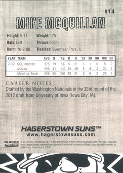2013 Choice Hagerstown Suns #14 Mike McQuillan Back