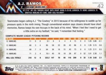 2016 Topps #42 A.J. Ramos Back
