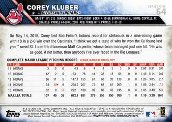 2016 Topps #64 Corey Kluber Back