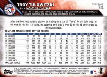 2016 Topps #74 Troy Tulowitzki Back