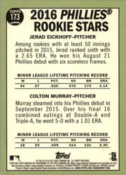 2016 Topps Heritage #173 Phillies 2016 Rookie Stars (Jerad Eickhoff / Colton Murray) Back