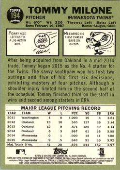 2016 Topps Heritage #194 Tommy Milone Back