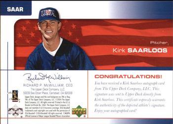 2004 Upper Deck USA 25th Anniversary - Signatures Blue Ink #SAAR Kirk Saarloos Back