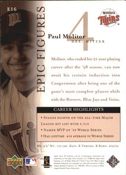 1999 SP Authentic - Epic Figures #E16 Paul Molitor  Back