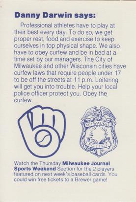 1985 Milwaukee Brewers Police #NNO Danny Darwin Back