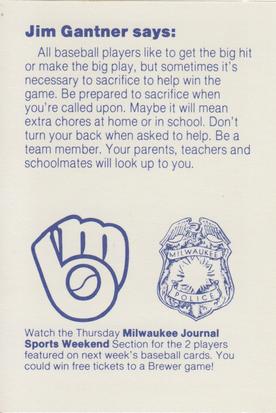 1985 Milwaukee Brewers Police #NNO Jim Gantner Back