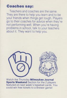 1985 Milwaukee Brewers Police #NNO Milwaukee Brewers Coaches Back