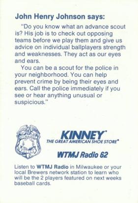 1987 Milwaukee Brewers Police #NNO John Henry Johnson Back