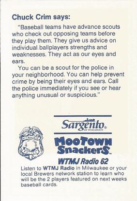 1989 Milwaukee Brewers Police #NNO Chuck Crim Back