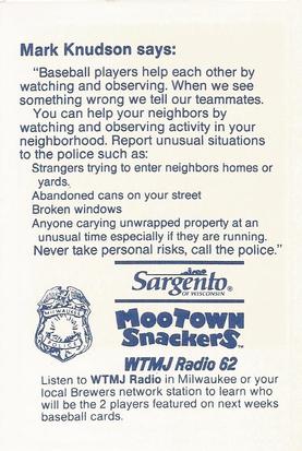 1989 Milwaukee Brewers Police #NNO Mark Knudson Back