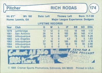 1985 Cramer Albuquerque Dukes #174 Rich Rodas Back