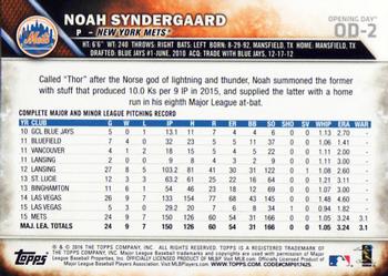 2016 Topps Opening Day #OD-2 Noah Syndergaard Back