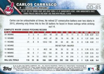 2016 Topps Opening Day #OD-85 Carlos Carrasco Back