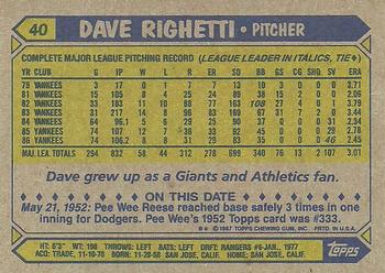 1987 Topps #40 Dave Righetti Back