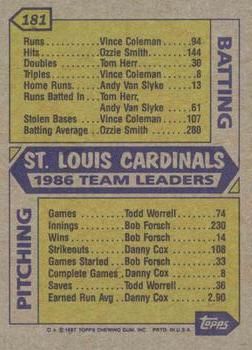1987 Topps #181 Cardinals Leaders Back