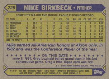 1987 Topps #229 Mike Birkbeck Back