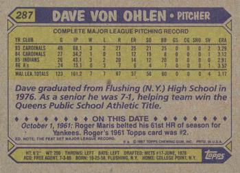 1987 Topps #287 Dave Von Ohlen Back