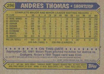 1987 Topps #296 Andres Thomas Back