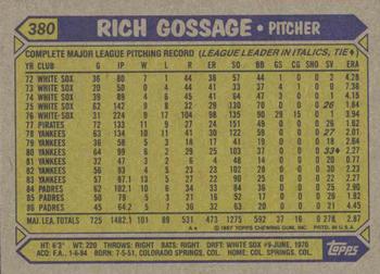 1987 Topps #380 Rich Gossage Back