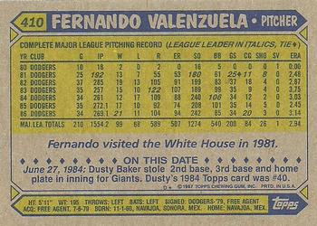1987 Topps #410 Fernando Valenzuela Back