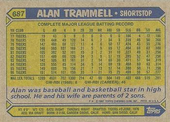 1987 Topps #687 Alan Trammell Back