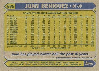 1987 Topps #688 Juan Beniquez Back