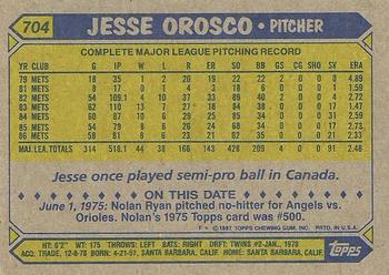 1987 Topps #704 Jesse Orosco Back