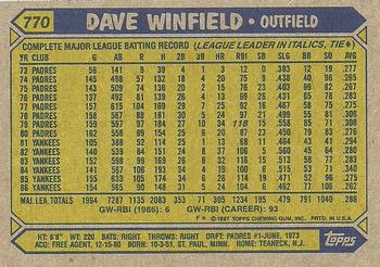1987 Topps #770 Dave Winfield Back