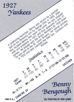 1984 Galasso 1927 Yankees #24 Benny Bengough Back