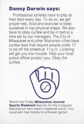 1985 Milwaukee Brewers Police - Chilton Police Department, Local Merchants, Service Clubs and Financial Inst #NNO Danny Darwin Back