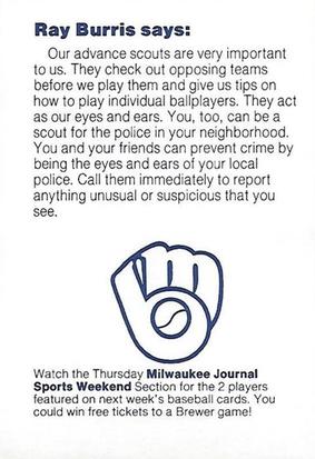 1985 Milwaukee Brewers Police - Wheatland Police Department and Lake Area Kiwanis #NNO Ray Burris Back
