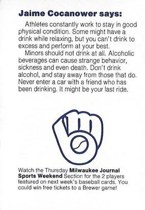 1985 Milwaukee Brewers Police - Wheatland Police Department and Lake Area Kiwanis #NNO Jaime Cocanower Back