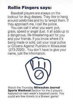 1985 Milwaukee Brewers Police - Wheatland Police Department and Lake Area Kiwanis #NNO Rollie Fingers Back