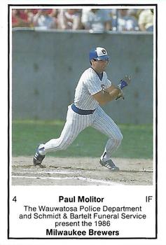 1986 Milwaukee Brewers Police - Wauwatosa Police Department and Schmidt & Bartelt Funeral Service #NNO Paul Molitor Front