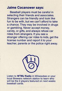 1986 Milwaukee Brewers Police - Winneconne Police Department #NNO Jaime Cocanower Back