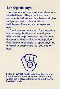 1986 Milwaukee Brewers Police - Winneconne Police Department #NNO Ben Oglivie Back